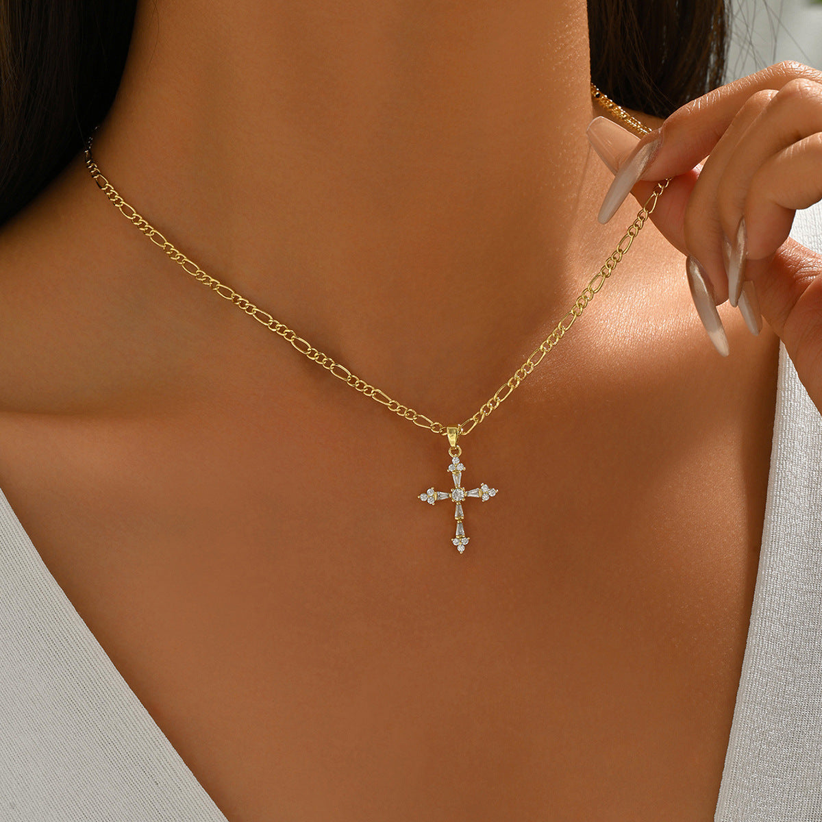 Geometric Cross Cubic Zirconia Inlay Gold Plated Brass Necklace for Women