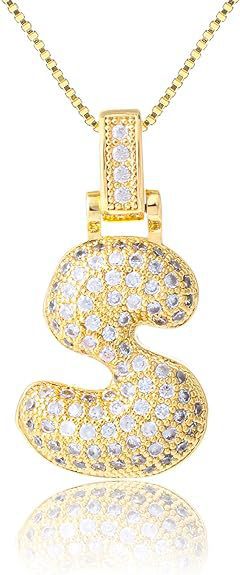 14K Gold Plated Brass Letter Pendant Necklace with Cubic Zirconia Inlay Box Chain for Women