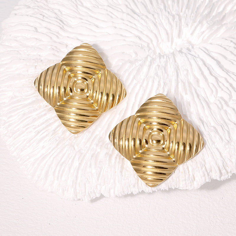 Vintage Geometric Square Textured 18K Gold Plated Stainless Steel Stud Earrings for Women