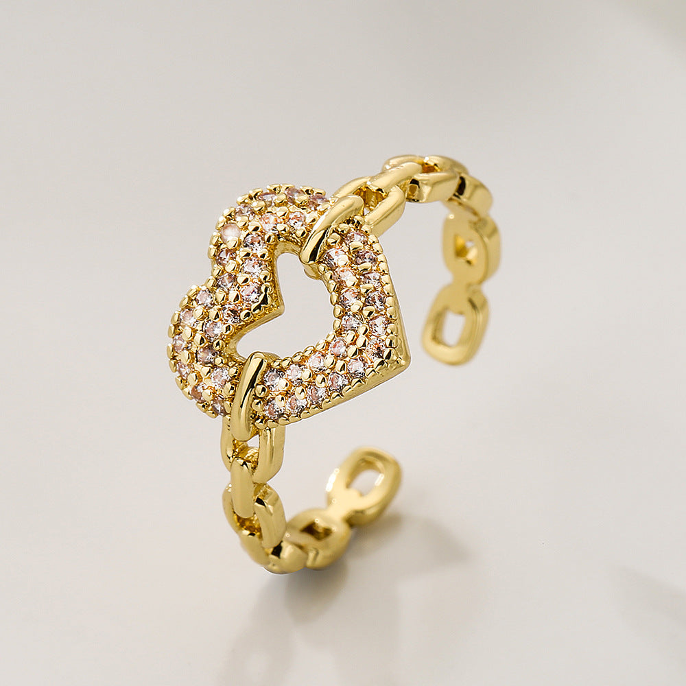 Elegante Anello a Cuore Aperto Geometrico da Donna in Rame con Placcatura in Oro 18K e Intarsio di Zirconi