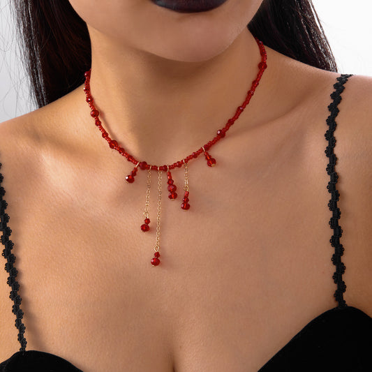 Collar con colgante de cristal geométrico vintage en forma de gota de sangre para mujer con cadena O y motivo de calabaza y calavera de Halloween