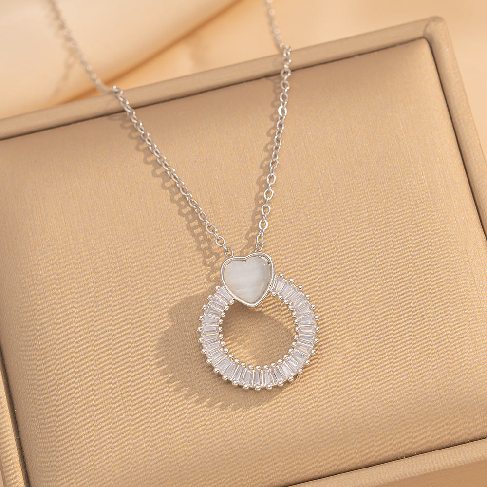 Luxury Heart-Shaped Titanium Steel Necklace Set with Gold-Plated Copper Pendant and Rhinestone Inlay on O-Chain