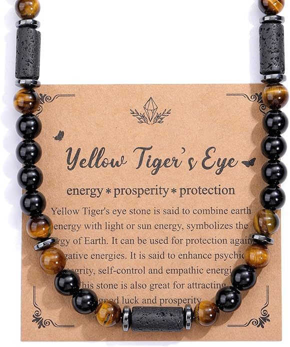 Men's Geometric Tiger's Eye Bead Necklace Natural Stone Ball Chain Pendant