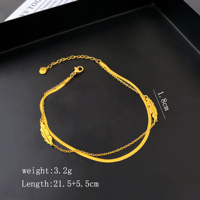 Minimalist Hollow Feather Double Layer Heart Geometric Titanium Steel Plated Bracelet for Women