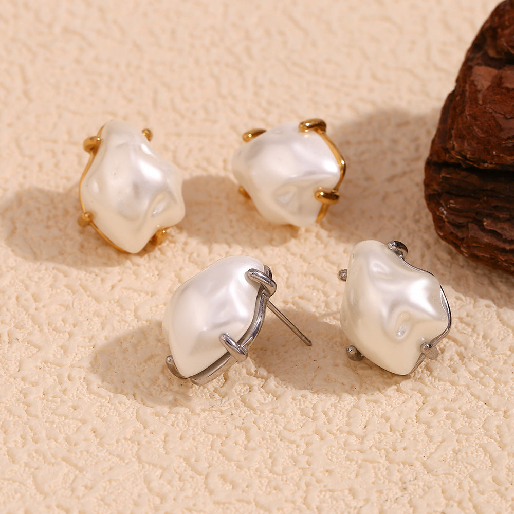 Vintage Baroque Style Geometric Stainless Steel Earrings with 18K Gold Plating and Simulated Pearl Accents for Women