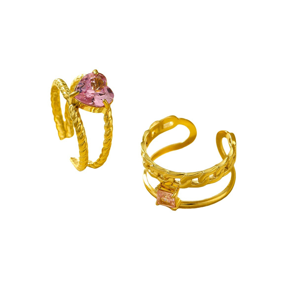 Anello da donna minimalista con cuore aperto in acciaio al titanio placcato oro, stile vintage francese, con accenti di strass rosa