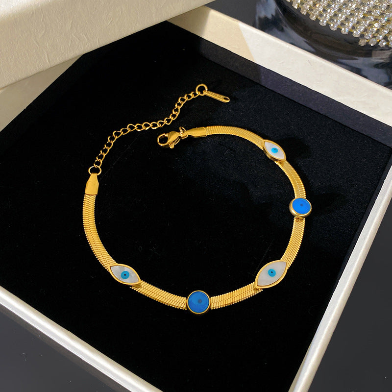 Minimalist Vintage Bohemian Geometric Plated Titanium Steel Bracelet with Blue and White Eye Design