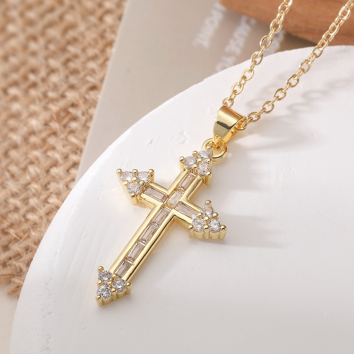 Minimalist Elegant 18K Gold Plated Brass Cross Pendant Necklace with Cubic Zirconia for Women