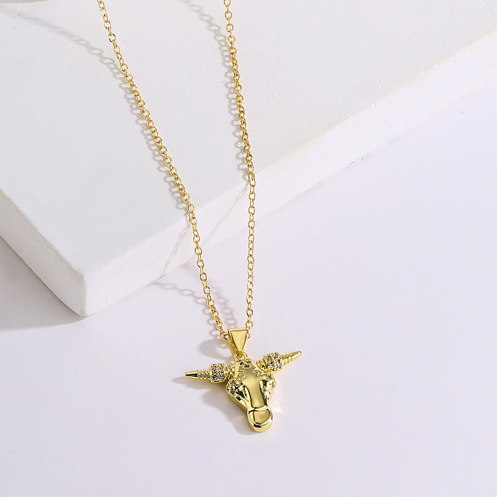 Vintage Geometric Copper Pendant Necklace for Women with 18K Gold Plating and Bull Charm