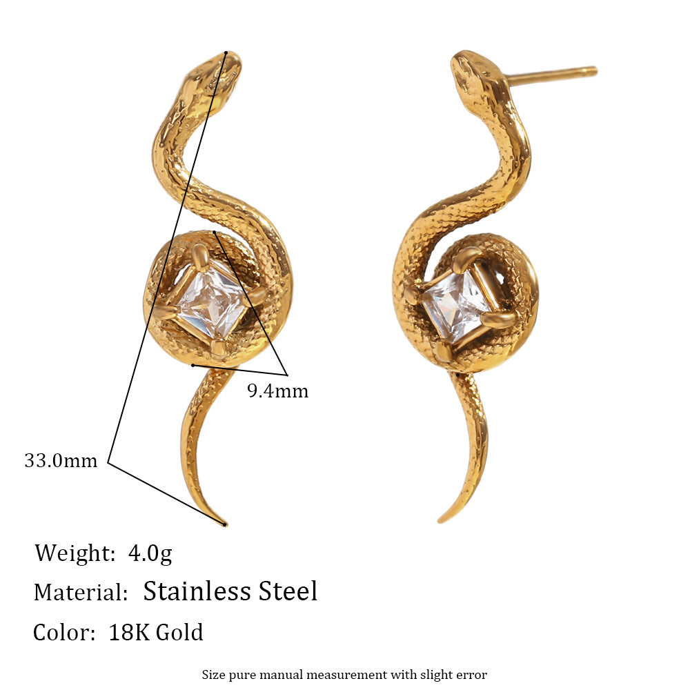 Orecchini alla moda a forma di serpente geometrico da donna in acciaio inossidabile con placcatura in oro 18K e texture a scaglie in zirconia cubica
