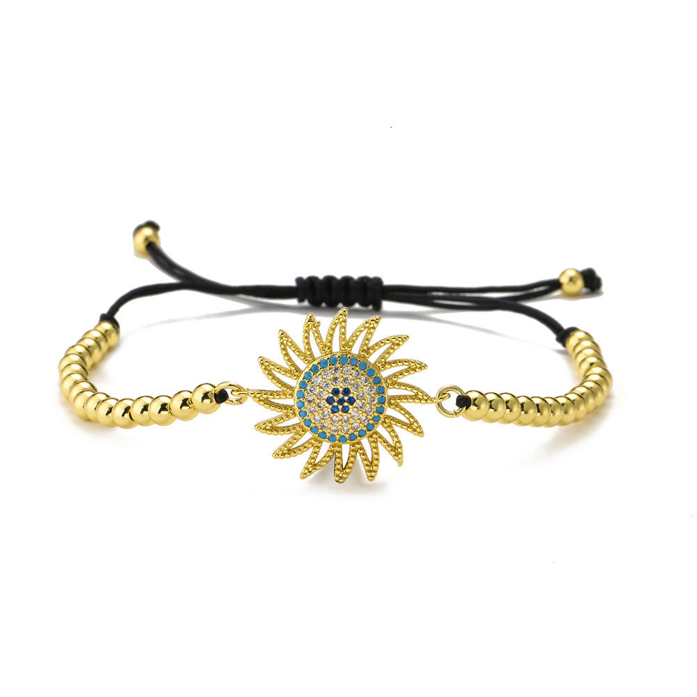 Minimalist Geometric Copper Bracelet with 18K Gold Plating, Zircon Accent, Adjustable Love Heart and Sunflower Design