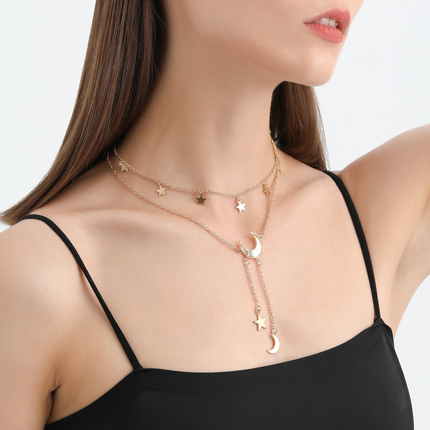 Fashionable Y-Shaped Double-Layer Long Tassel Necklace for Women with Star and Crescent Pendant in Alloy with Plated Finish