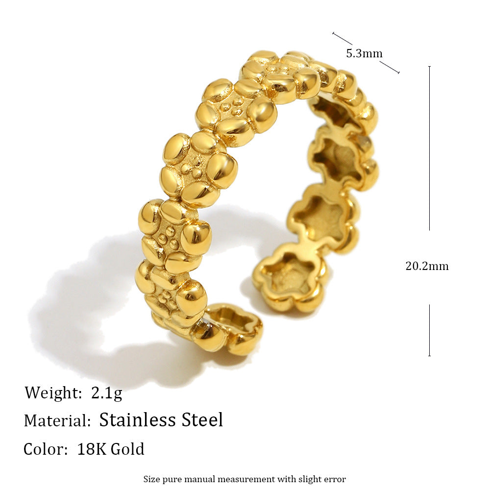 Minimalist French-Inspired Floral Open Ring for Women in Stainless Steel with 18K Gold Plating