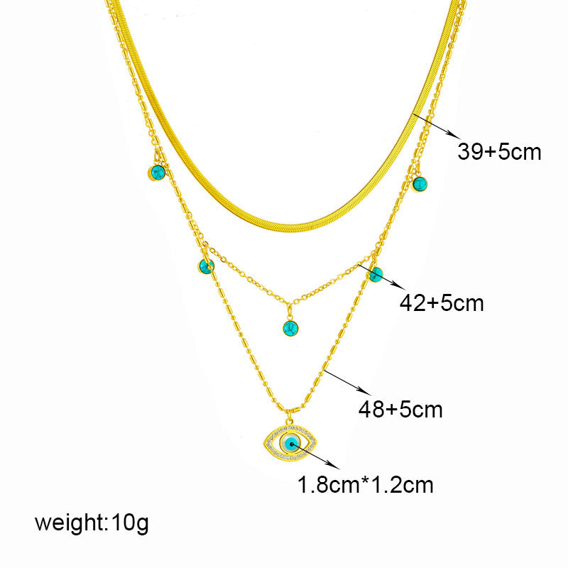 Collana da donna alla moda con ciondolo turchese intagliato a forma di occhio blu in strass, catena a serpente in acciaio inossidabile e finitura placcata