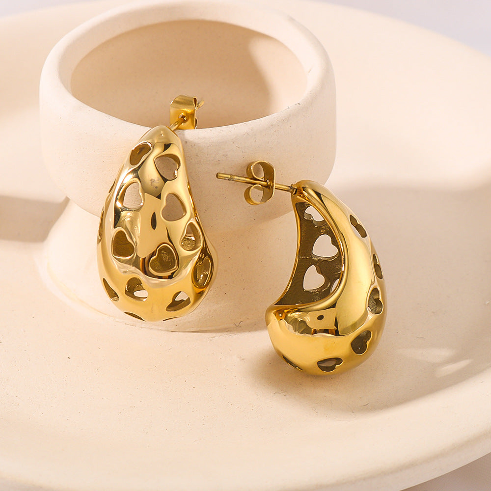 Minimalist Hollow Heart and Teardrop Stainless Steel Stud Earrings with 18K Vacuum Plating for Women
