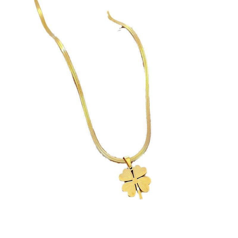 Collana a catena con ciondolo a quadrifoglio in acciaio al titanio, stile minimalista, placcata oro, per donna e uomo