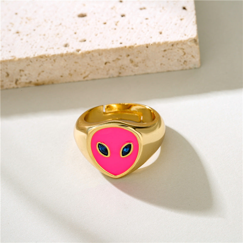 Geometric Drip Oil Gold Plated Brass Alien Ring for Women