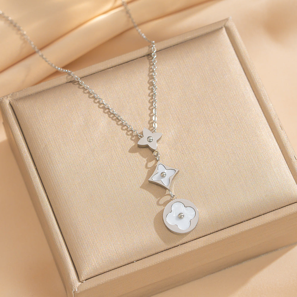 Minimalist Four-Leaf Clover Seashell Titanium Steel Bracelet Set with O-Chain for Women