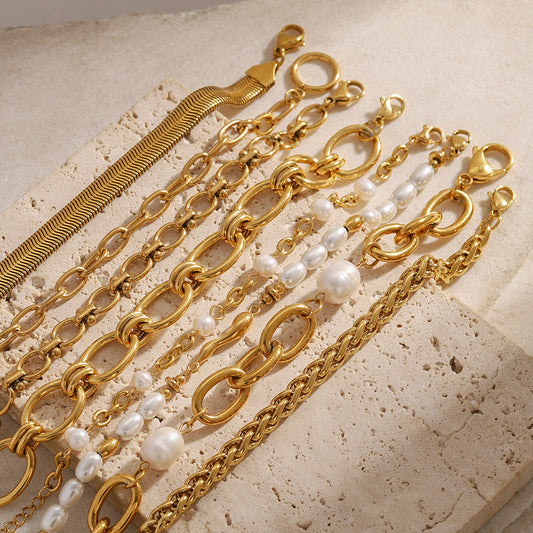 Pulsera de Perlas Chapada en Oro de Acero Inoxidable Geométrico para Mujer con Cadena de Metal Minimalista y Diseño Moderno Elegante