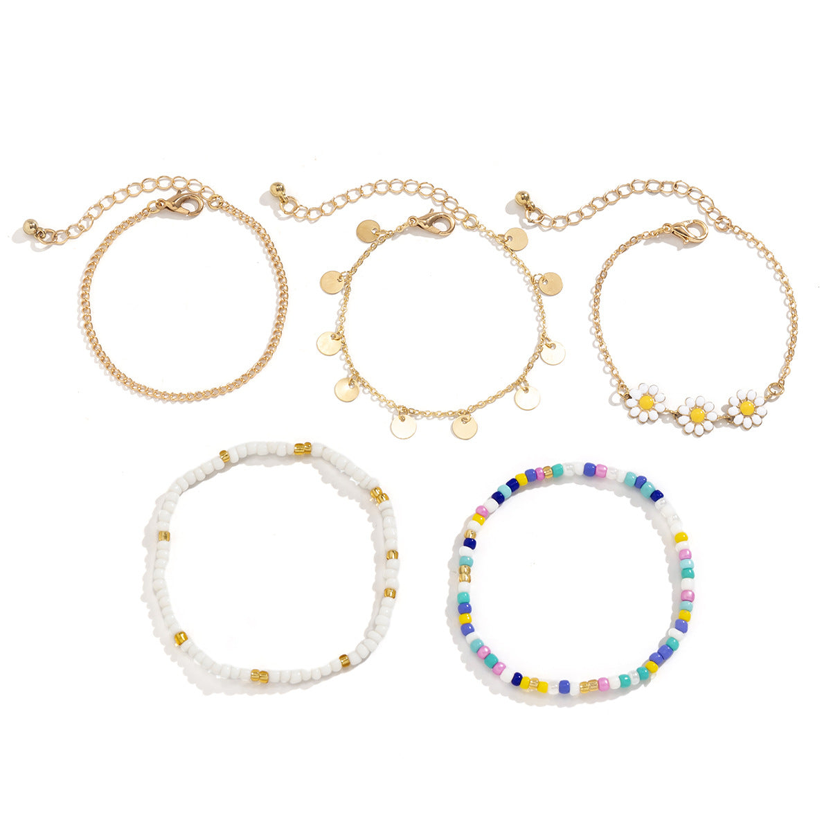 Juego de pulseras minimalistas tipo margarita con borlas de diamantes de imitación y cuentas de aleación para mujer