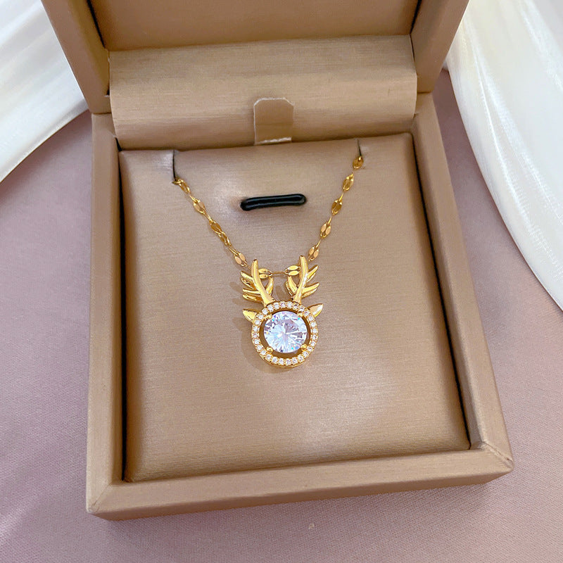 Luxury Titanium Steel Micro-Paved Zircon Deer Antler Necklace for Women with Adjustable Chain and Geometric Design