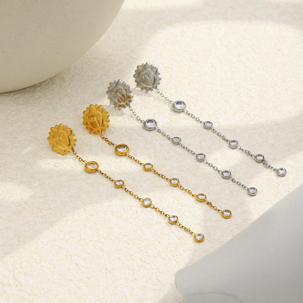 Minimalist 18K Gold Plated Stainless Steel Geometric Round Cubic Zirconia Sun Tassel Earrings