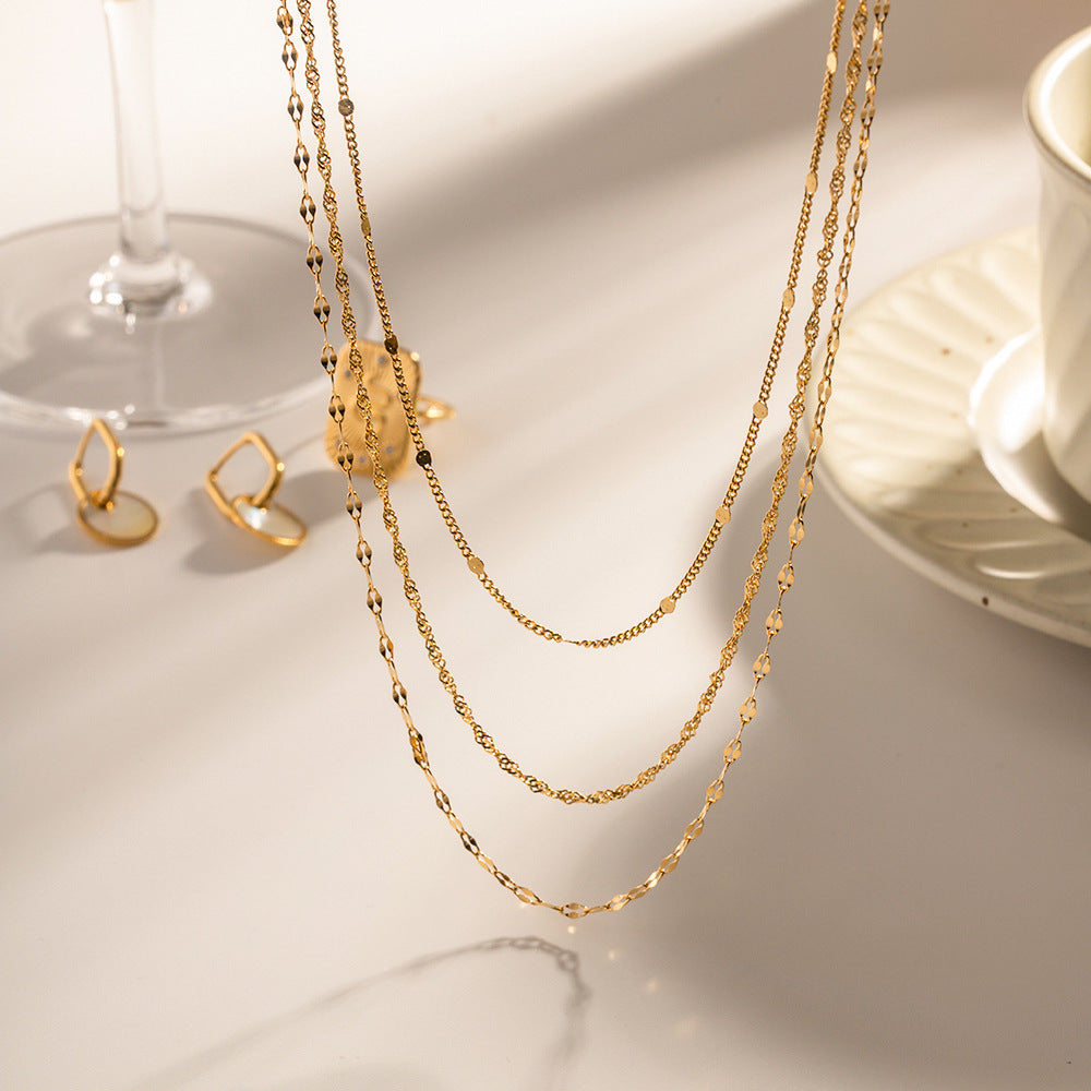 Collana a tre strati minimalista da donna con ciondolo in acciaio inossidabile e placcatura in oro 18 carati, stile catena snake