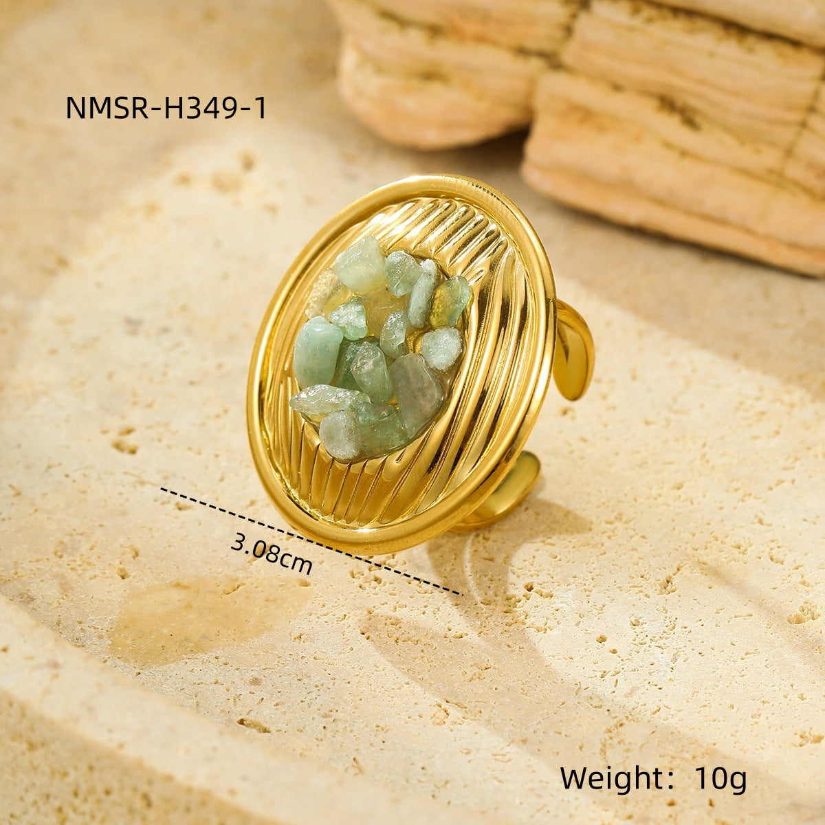 Light Luxury Geometric Textured Titanium Steel Ring with Natural Stone Inlay for Women