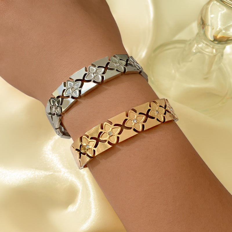 Vintage Geometric Floral Hollow Plated Titanium Steel Bracelet for Women