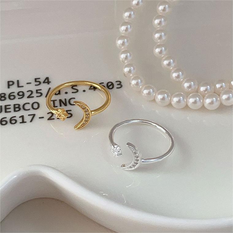 Anello da donna in argento sterling 925 con micro-incastonatura a forma di stella e luna con zirconi cubici