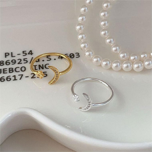Anillo de Plata de Ley 925 con Estrella, Luna y Micro-incrustaciones de Circonita Cúbica para Mujer