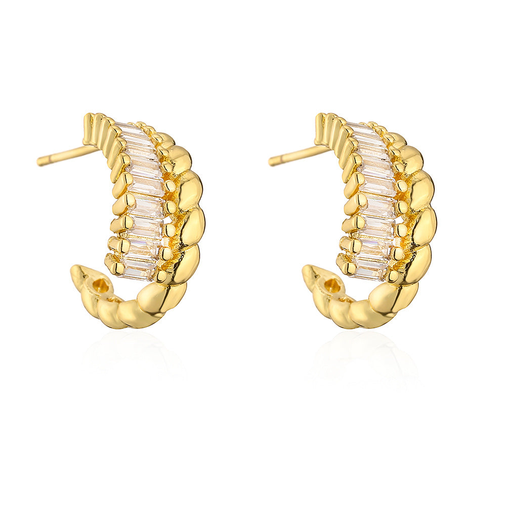 Geometric C-Shaped Copper Earrings with 18K Gold Plating and Micro-Paved Zirconia for Women