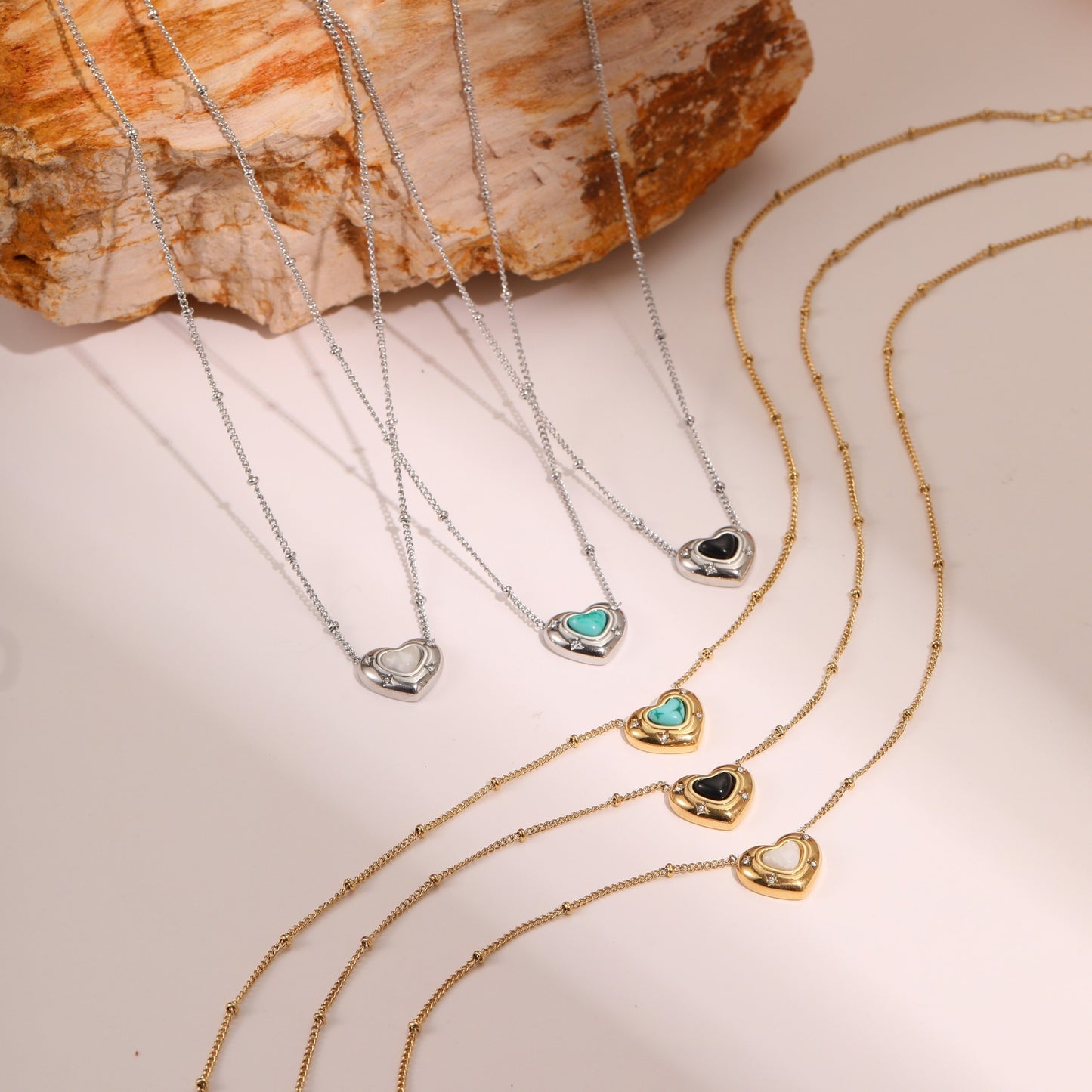 Fashionable Heart-Shaped Natural Stone Pendant Necklace in Titanium Steel with Plated Finish for Women