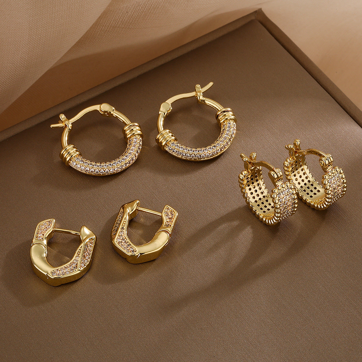 Minimalist Geometric Copper Earrings with Gold Plating and Zircon Inlay for Women