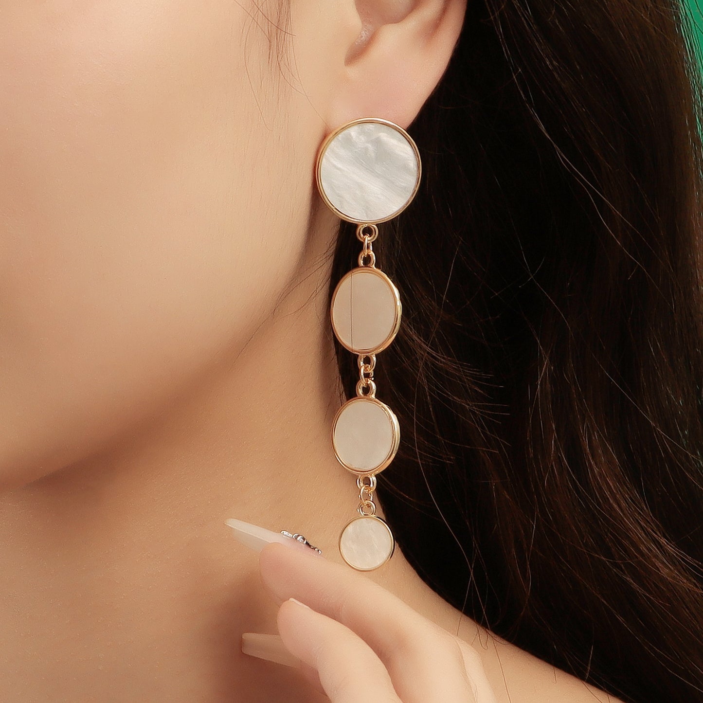 Vintage Minimalist Geometric Alloy Stud Earrings with White Mother-of-Pearl and Moon Motif