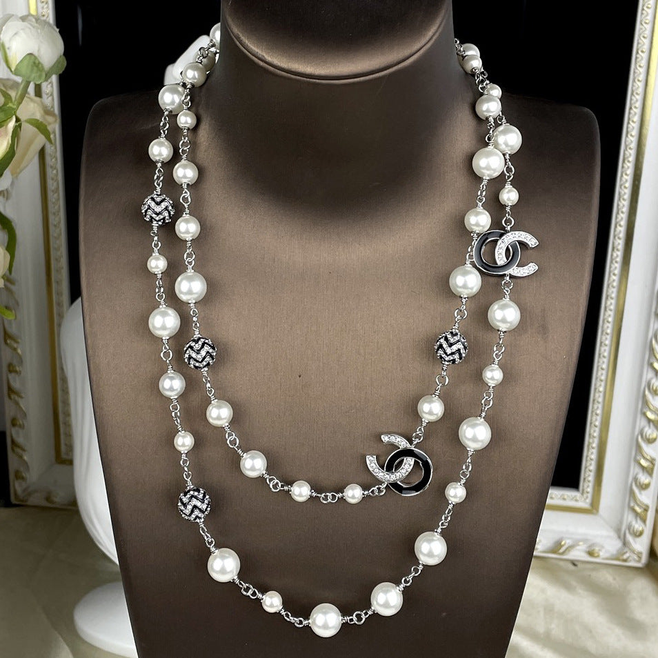 Elegant Sweet Black Enamel Double C Letter Pearl Necklace for Women