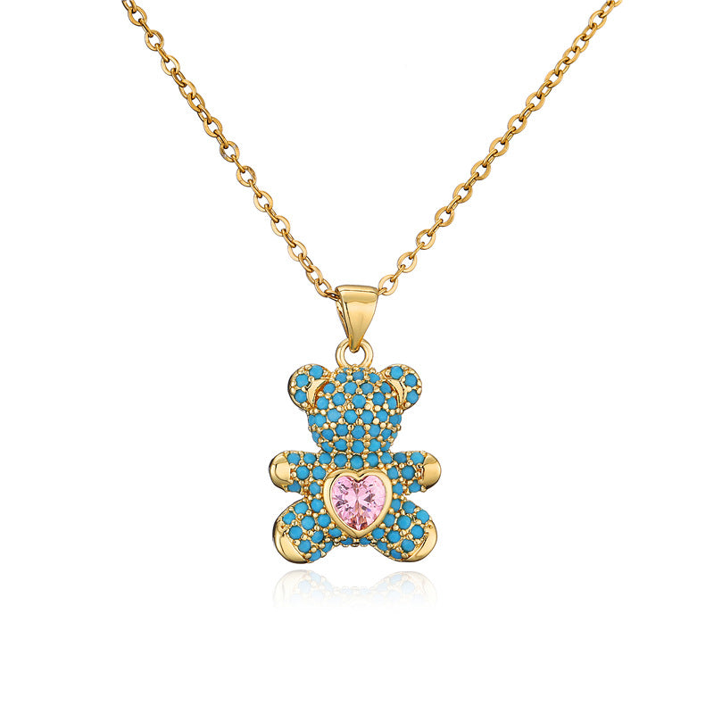 Minimalist Heart-Shaped Bear Pendant Necklace in Copper with Micro-Paved Cubic Zirconia on Snake Chain