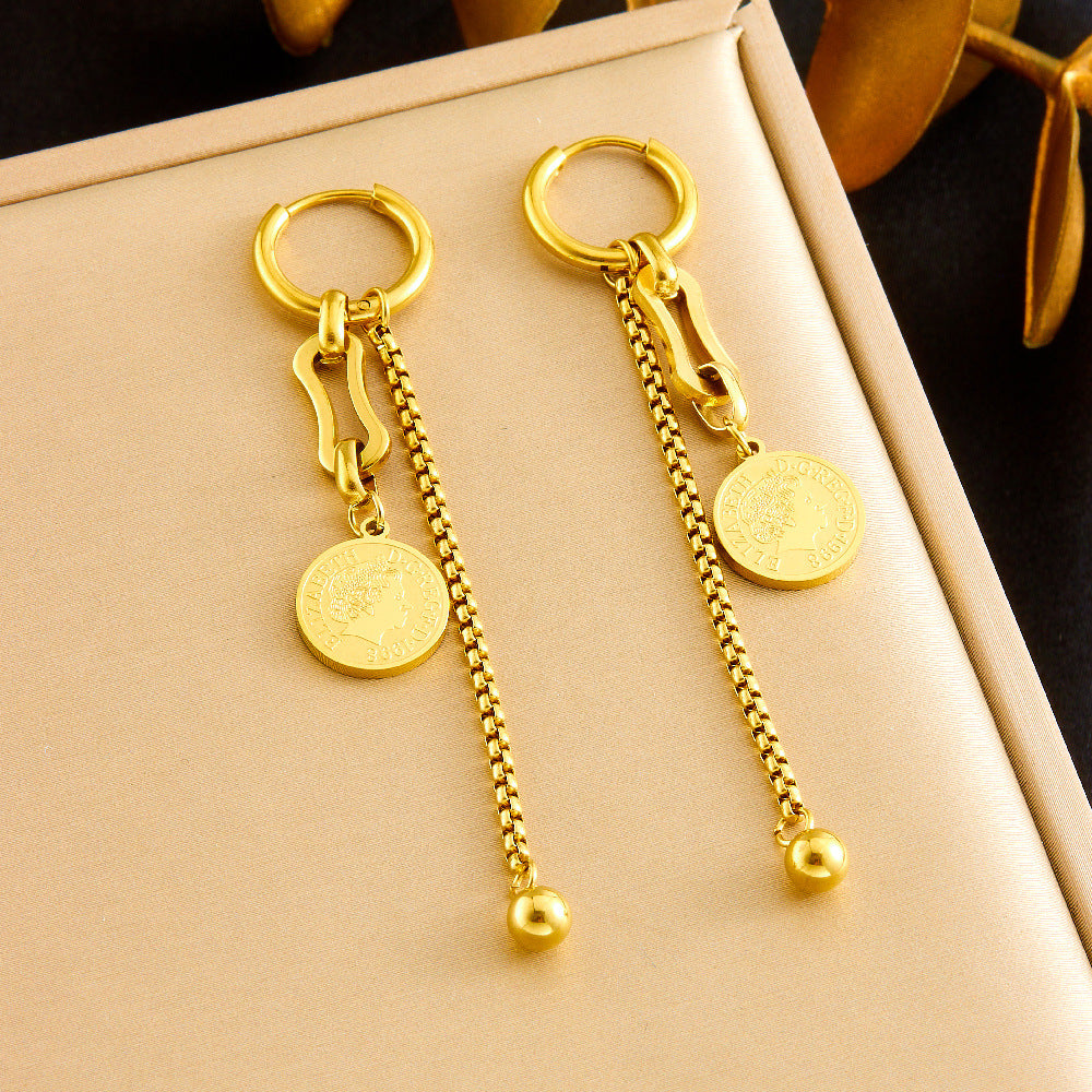 Vintage Gold Plated Stainless Steel Coin Round Star Pendant Tassel Jewelry Set with Box Chain