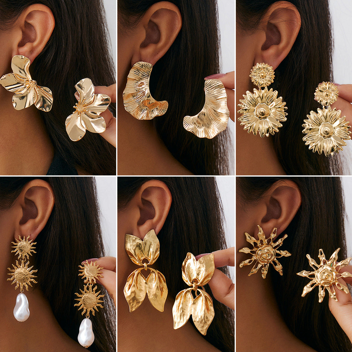 Pendientes Colgantes Florales de Girasol Vintage Exagerados en Aleación de Metal con Acabado Chapado y Hojas de Perlas Simuladas