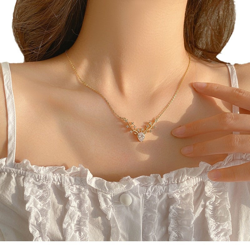 Minimalist Deer-Shaped Titanium Steel Plated Necklace for Women with O-Chain, Dainty Clavicle Jewelry Gift