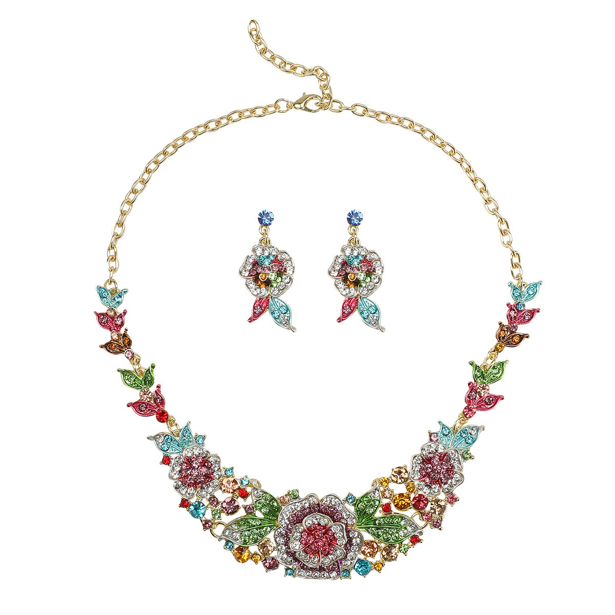 Conjunto de collar y pendientes étnicos de rosas florales de aleación con acabado chapado para mujer