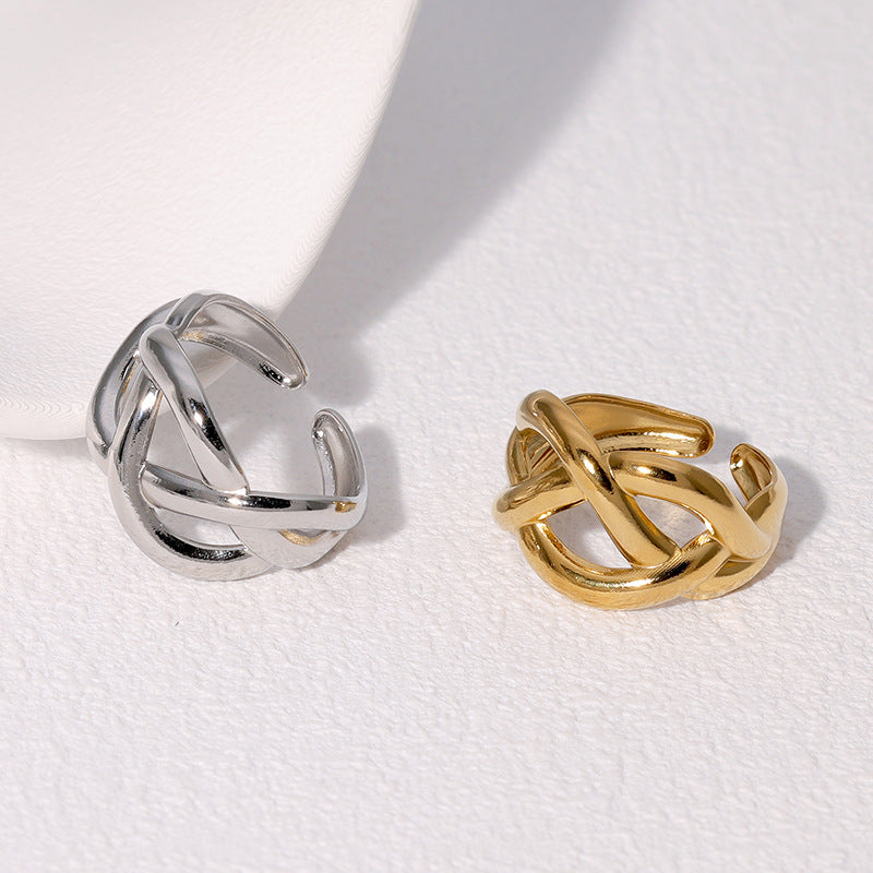 Anillo Minimalista Geométrico de Acero Inoxidable con Diseño Trenzado Entrelazado y Banda Abierta Ajustable para Mujer