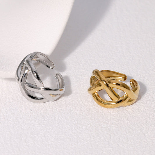 Anillo Minimalista Geométrico de Acero Inoxidable con Diseño Trenzado Entrelazado y Banda Abierta Ajustable para Mujer