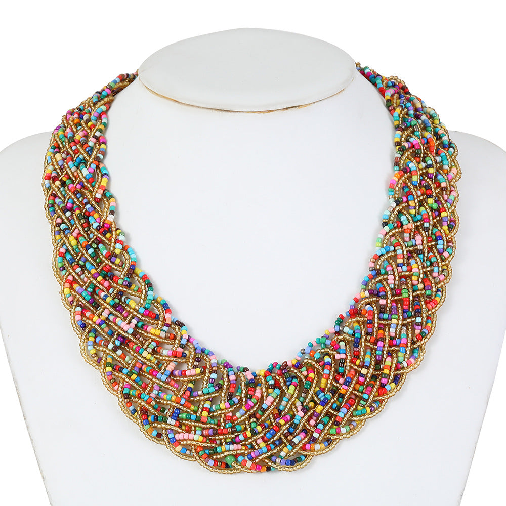 Bohemian Style Braided Rope Resin Necklace Set with Mesh Pattern and Hand-Strung Beads for Women