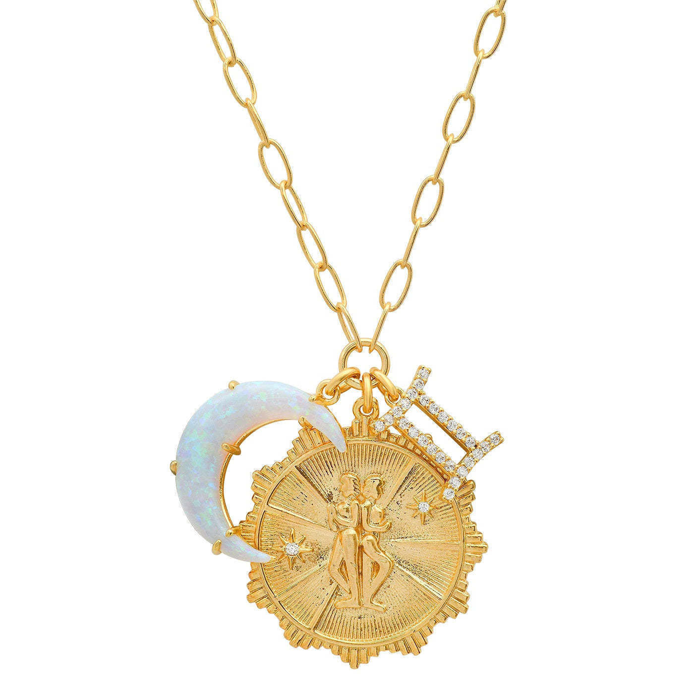 Collana con Pendente Vintage Segno Zodiacale Luna con Opale in Rame con Zirconi Micro-Pave, a Mezzaluna, Catenina Regolabile per Clavicola