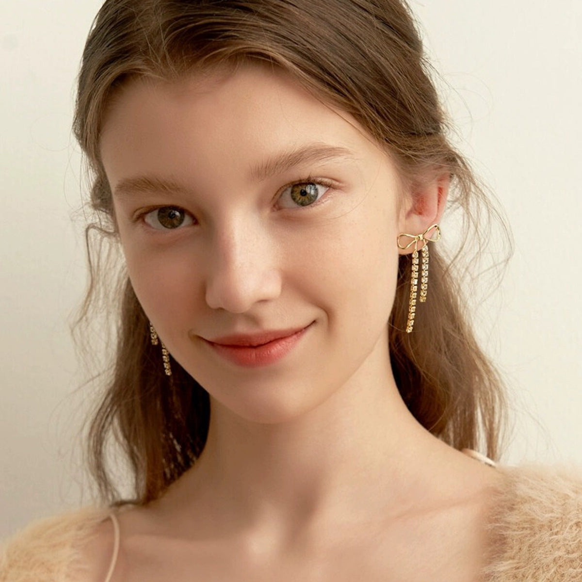 Minimalist 18K Gold Plated Stainless Steel Bow Rhinestone Chain Earrings for Women