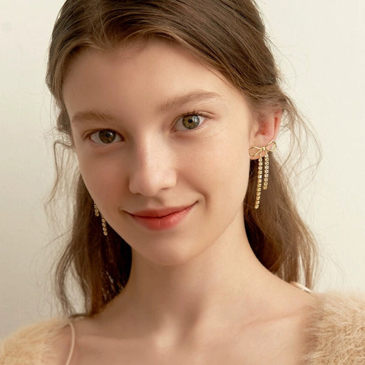 Minimalist 18K Gold Plated Stainless Steel Bow Rhinestone Chain Earrings for Women