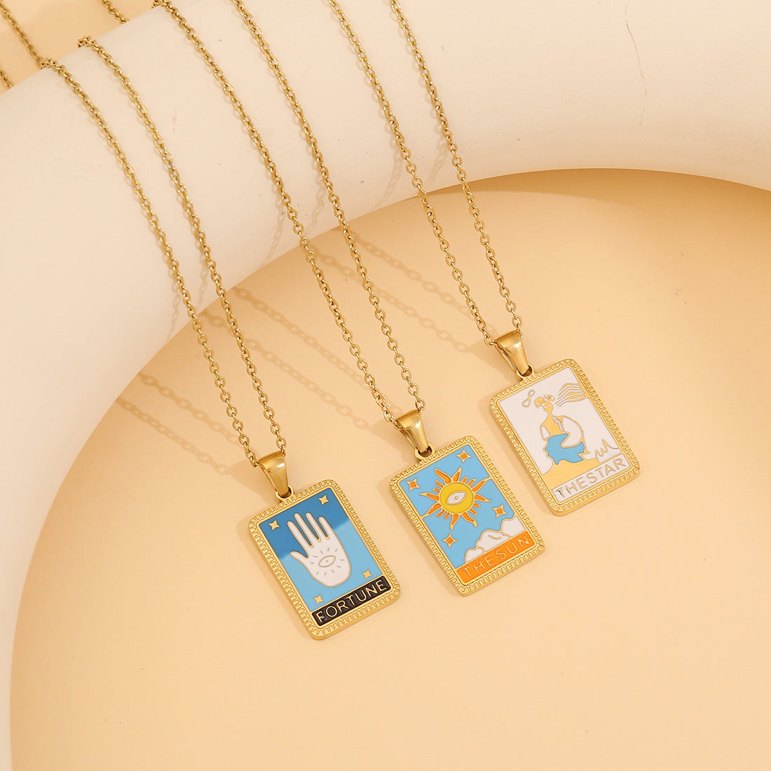 Minimalist Geometric Tarot Pendant Necklace in Stainless Steel with Enamel Finish