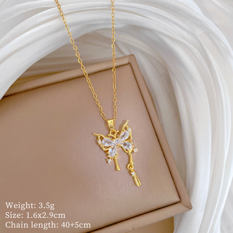 Sweet Minimalist Geometric Butterfly Rhinestone Pendant Titanium Steel Necklace for Unisex