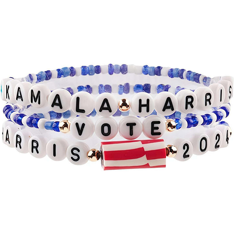 Red White Blue Resin Letter Bead Star Bracelet Set Unisex Casual Jewelry